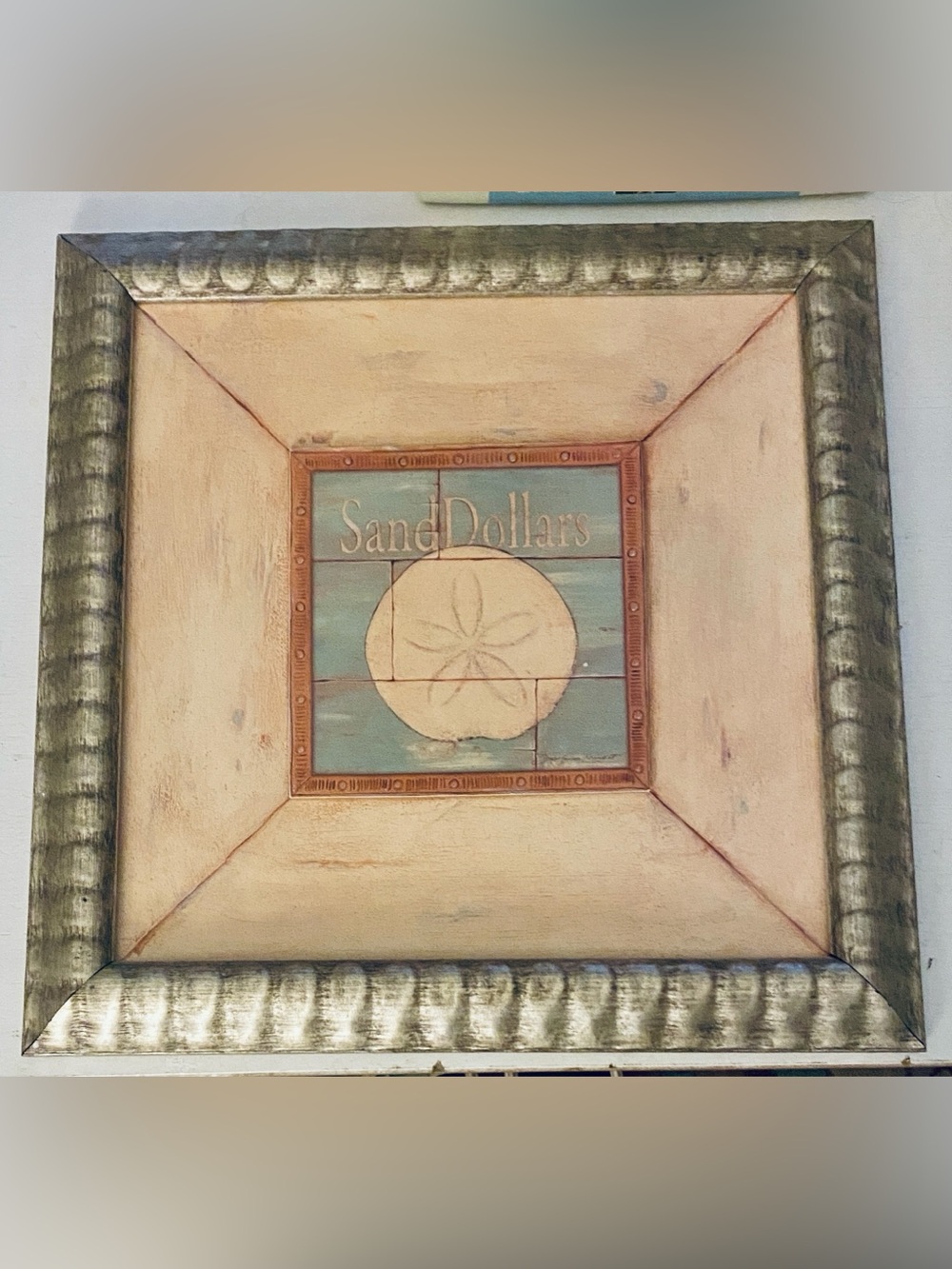 Stephanie Marrott 3D Wall Plaque Sand Dollars on Blue Silver Brushed Wood Frame